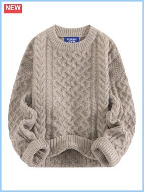 Oversized Chunky Cable Knit Crew Neck Pullover Sweater Womens